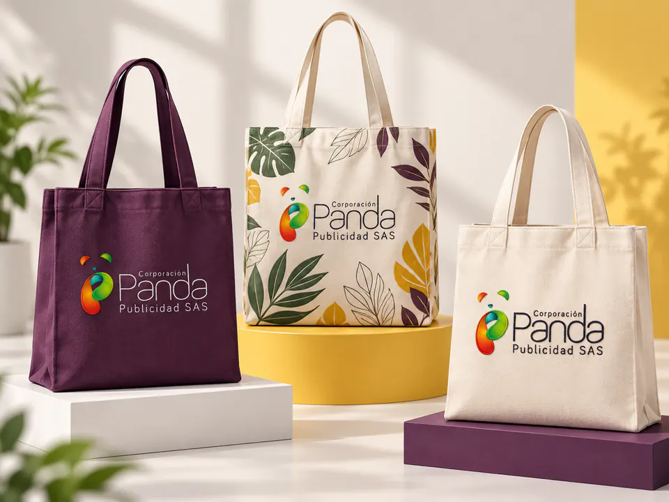 Tote bags Panda unicolor, estampada y bordada